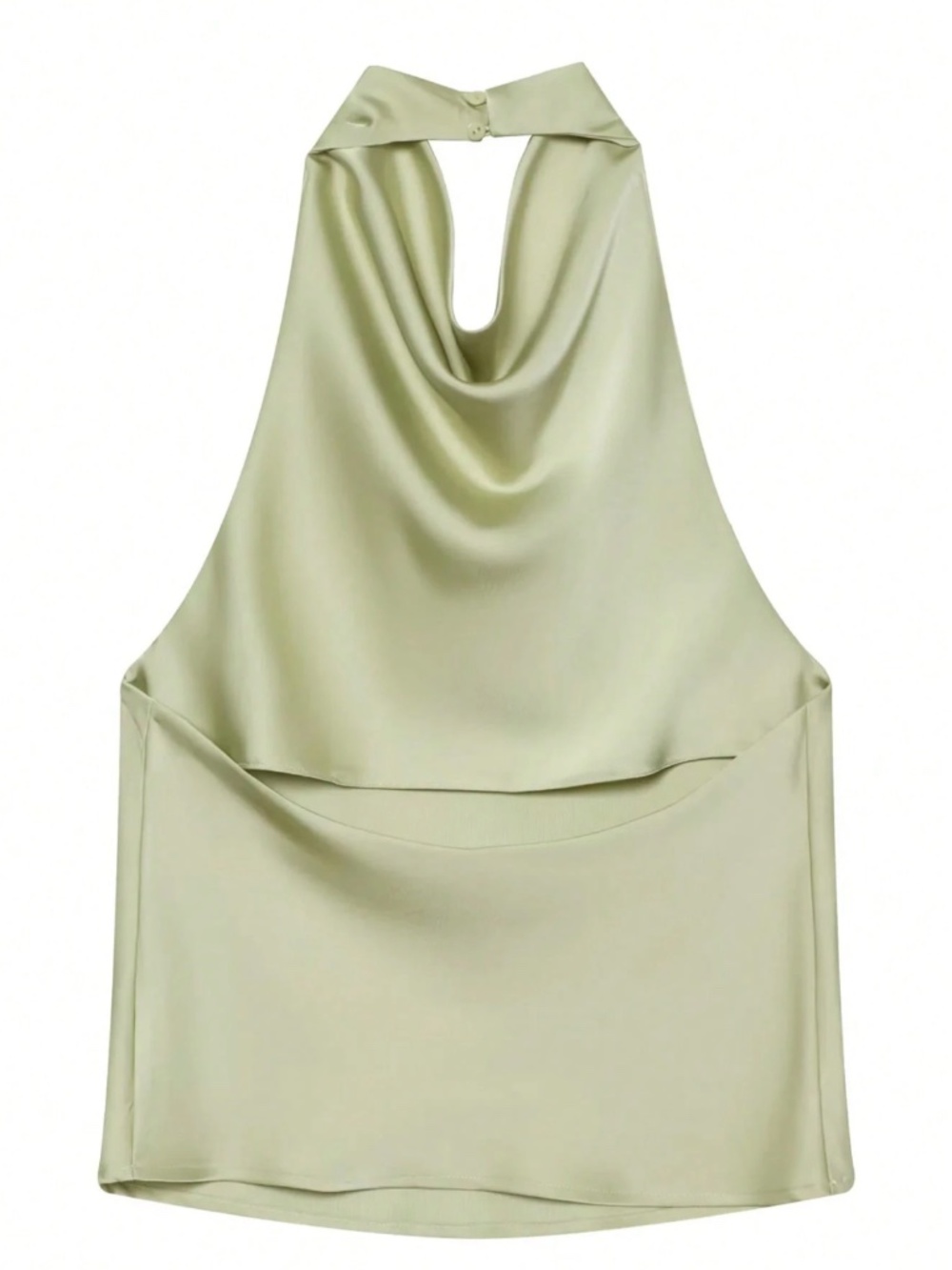 Green Satin Cowl Halter Draped Neck Low Back Blouse Top - Picture 6 of 7